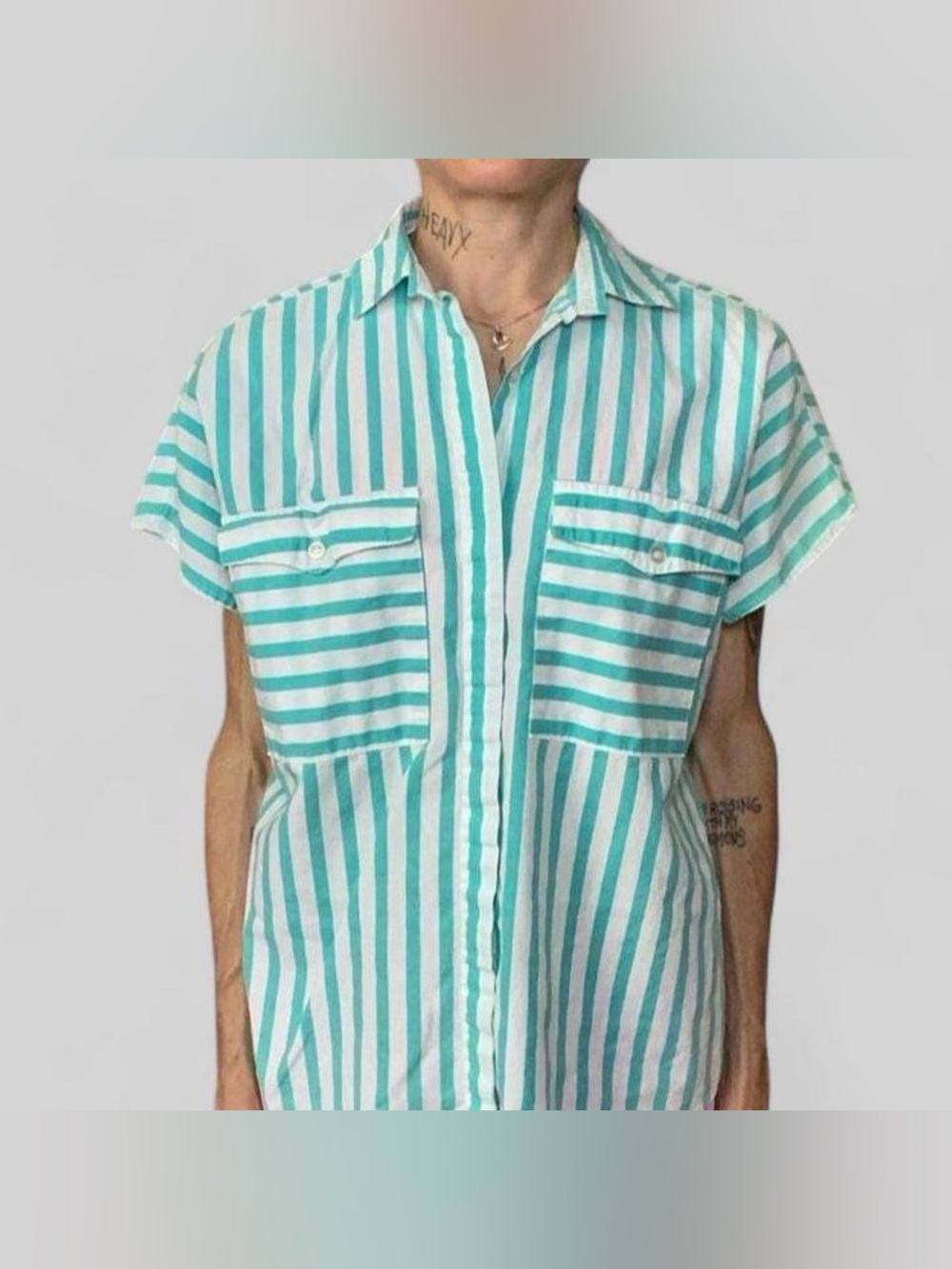 Vintage Sport Turquoise Stripe Button Down Shirt Summer Pocket Top